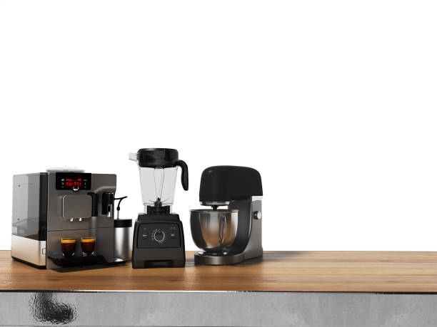 istock Group of kitchen appliances automatic professional coffee machine toaster mixer on the table 3d render on white background with shadow 1177263749