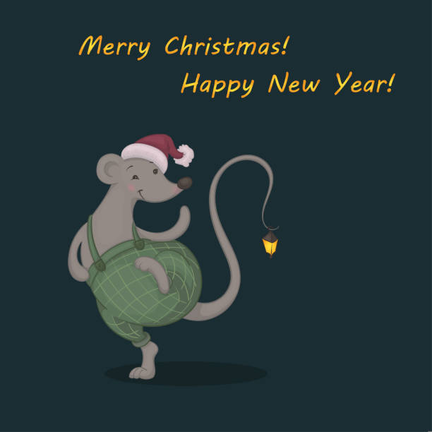 Ilustración de Ilustración Vectorial De Un Lindo Ratón De Baile De Dibujos Animados En Un Pantalón Verde A Cuadros Y Gorra De Papá Noel Con Una Linterna Brillante En Su Cola Sobre Ilustración de Ilustración Vectorial De Un Lindo Ratón De Baile De Dibujos Animados En Un Pantalón Verde A Cuadros Y Gorra De Papá Noel Con Una Linterna Brillante En Su Cola Sobre