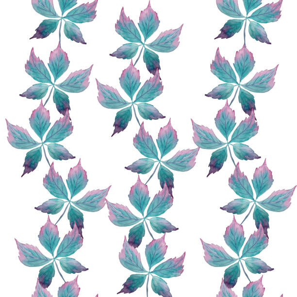 nahtloses muster mit aquarellblättern in neon-türkis und lila magenta-farben. - blossom florescence flower wallpaper pattern stock-grafiken, -clipart, -cartoons und -symbole