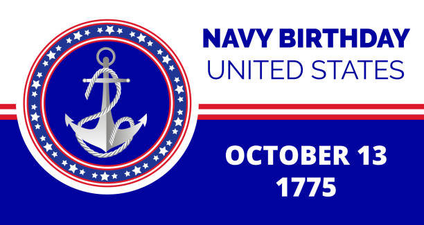 Navy birthday celebrated in 13th October 13th in United States. Emblem with anchor, flag, ropes Navy birthday celebrated in 13th October 13th in United States. Emblem with anchor, flag, ropes, stars on the blue background for banner, web, flyer. us navy stock illustrations