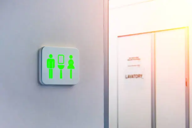 Photo of Not occupied toilet sign is marked in green, against the background is a door from the wc inside the plane.