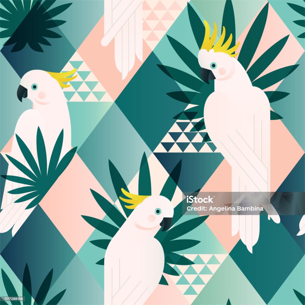 Exotic beach trendy seamless pattern, patchwork illustrated floral vector tropical leaves. Jungle cockatoo. Wallpaper print background mosaic. Exotic beach trendy seamless pattern, patchwork illustrated floral vector tropical leaves. Jungle cockatoo Wallpaper print background mosaic. Bird stock vector