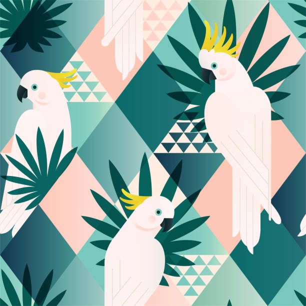 Exotic beach trendy seamless pattern, patchwork illustrated floral vector tropical leaves. Jungle cockatoo. Wallpaper print background mosaic. Exotic beach trendy seamless pattern, patchwork illustrated floral vector tropical leaves. Jungle cockatoo Wallpaper print background mosaic. cuba illustrations stock illustrations