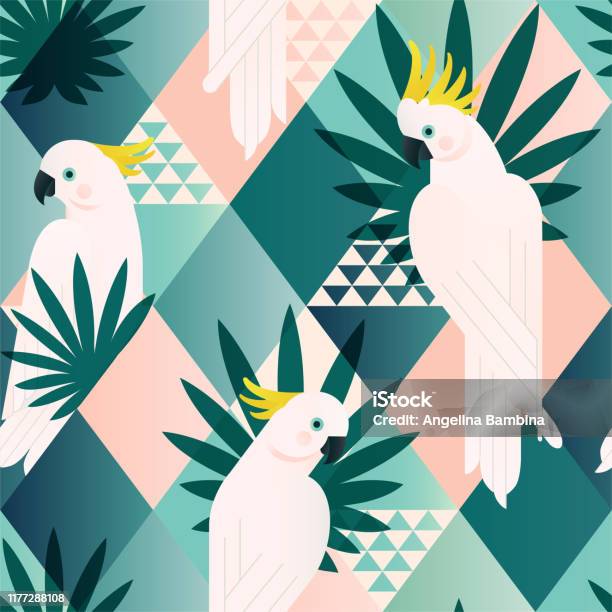 Exotic Beach Trendy Seamless Pattern Patchwork Illustrated Floral Vector Tropical Leaves Jungle Cockatoo Wallpaper Print Background Mosaic Stock Illustration - Download Image Now