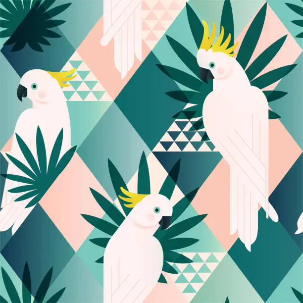 Vector illustration of Exotic beach trendy seamless pattern, patchwork illustrated floral vector tropical leaves. Jungle cockatoo. Wallpaper print background mosaic.