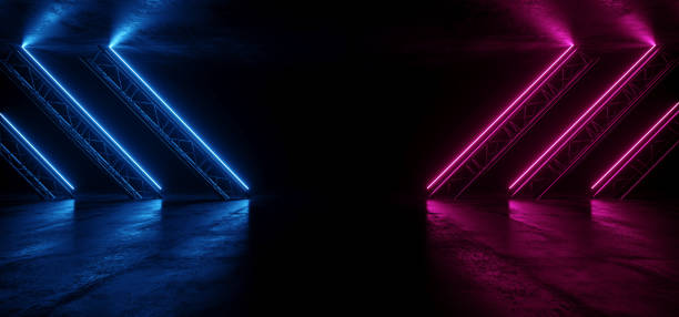 istock Neon Glowing Purple Blue Vibrant Sci Fi Futuristic Stage Podium Construction Metal Triangle Concrete Grunge Reflective Dark Night Virtual Show Background Laser Tunnel Corridor 3D Rendering 1177289220
