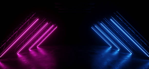 istock Neon Glowing Purple Blue Vibrant Sci Fi Futuristic Stage Podium Construction Metal Triangle Concrete Grunge Reflective Dark Night Virtual Show Background Laser Tunnel Corridor 3D Rendering 1177289823