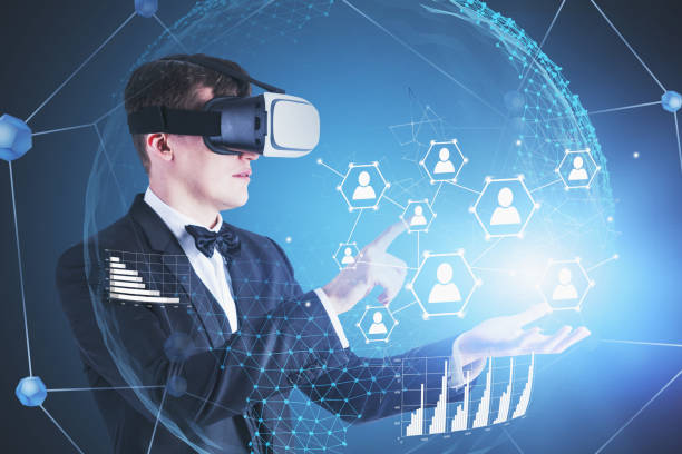 istock Man in VR glasses using social connection icons 1177289825