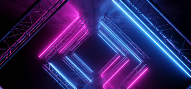 istock Neon Glowing Purple Blue Vibrant Sci Fi Futuristic Stage Podium Construction Metal Triangle Concrete Grunge Reflective Dark Night Virtual Show Background Laser Tunnel Corridor 3D Rendering 1177289898