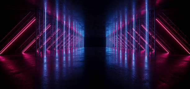 istock Neon Glowing Purple Blue Vibrant Sci Fi Futuristic Stage Podium Construction Metal Triangle Concrete Grunge Reflective Dark Night Virtual Show Background Laser Tunnel Corridor 3D Rendering 1177289923