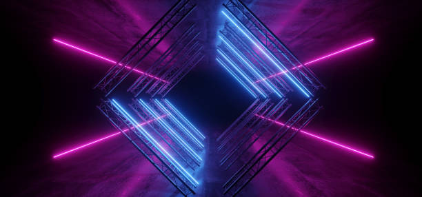 istock Neon Glowing Purple Blue Vibrant Sci Fi Futuristic Stage Podium Construction Metal Triangle Concrete Grunge Reflective Dark Night Virtual Show Background Laser Tunnel Corridor 3D Rendering 1177289983