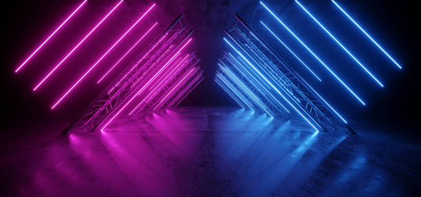 istock Neon Glowing Purple Blue Vibrant Sci Fi Futuristic Stage Podium Construction Metal Triangle Concrete Grunge Reflective Dark Night Virtual Show Background Laser Tunnel Corridor 3D Rendering 1177290006