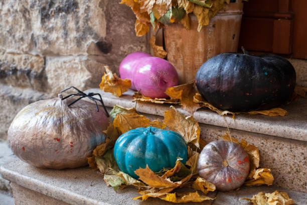 halloween dekoriert haustür mit verschiedenen farbe und form kürbisse. - front door front stoop house yellow stock-fotos und bilder
