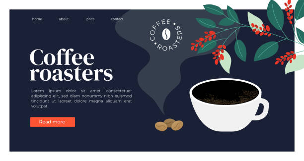 Coffee roasters template with espresso, beans and coffee plant Template  for coffee roasters website. Vector illustration with espresso, fresh roasted coffee beans and plant. Design for banner, landing page, web page, blog post, booklet, prints, flyer, background arabica coffee drink stock illustrations