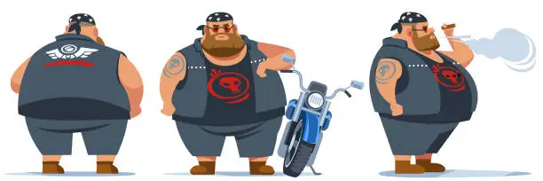 Vector illustration of Biker Man Vector. Character Creation Set. Full Length, Front, Side, Back View, Accessories, Poses Isolated Flat