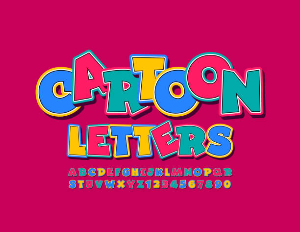 Vector colorful funny Font. Playful Uppercase Alphabet Cartoon Letters and Numbers for Children playful font stock illustrations