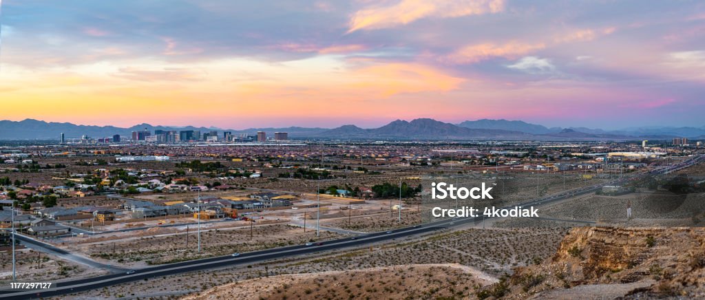 Las Vegas Valley Panorama at Dusk Panoramic view of Las Vegas at sunset City Stock Photo
