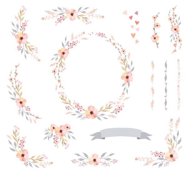 Floral Frame Collection. Set of cute watercolor retro flowers. Floral Frame Collection. Set of cute watercolor retro flowers, perfect for wedding invitations and birthday cards pink flower frame stock illustrations