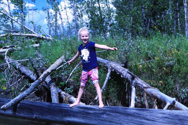 istock Young girl standing on log 1177305660