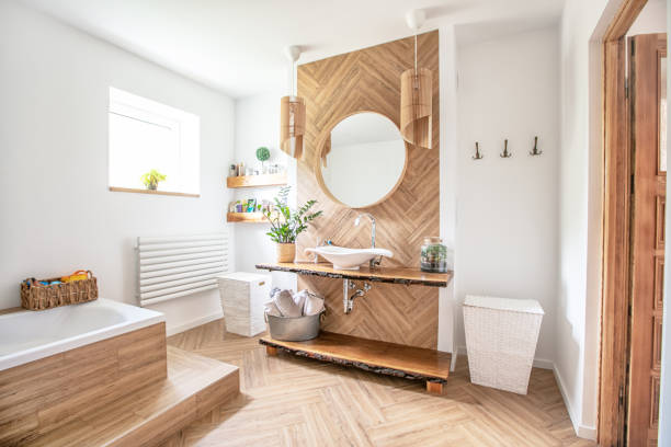 wnętrze łazienki w stylu boho. - indoors bathroom inside of contemporary zdjęcia i obrazy z banku zdjęć