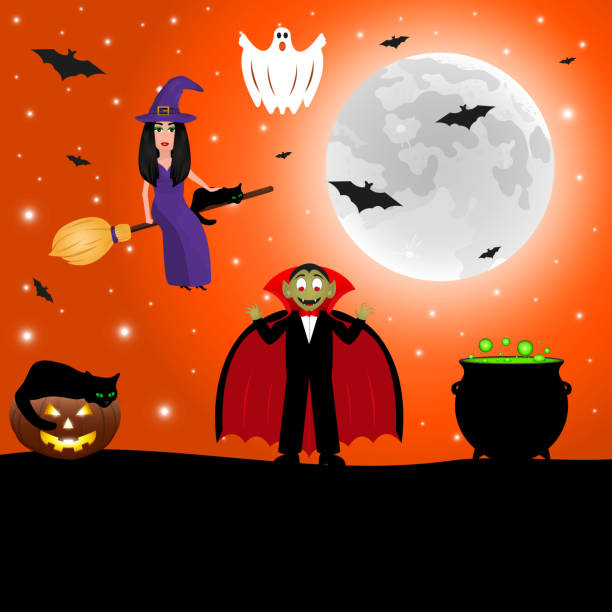 ведьма с кошкой на метле на хэллоуин на фоне луны с летучими мышами. - kitchen utensil gourd pumpkin magical equipment stock illustrations