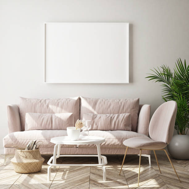 istock mock up poster frame in modern interior background, scandinavian style, 3D render 1177306571