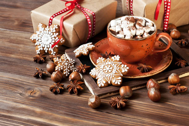 istock Christmas composition with gingerbread cookies  and hot drink in mug 1177308734