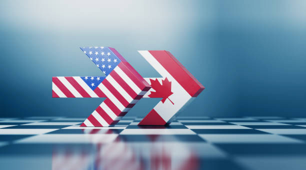zwei pfeile strukturiert mit amerikanischen und kanadischen flaggen, die die gleiche richtung über schwarz und weiß schachbrett zeigen - canada american flag canadian culture usa stock-fotos und bilder