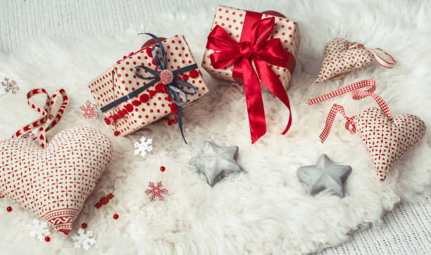 istock Festive background with a Christmas gift and Christmas decor items . 1177309813