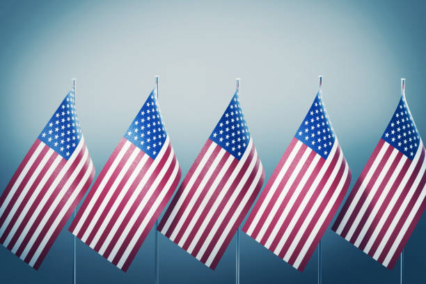 American flags in a row on grey background. Horizontal composition with copy space and selective focus. Great use for 2020 presidential elections and fourth of July concepts.
