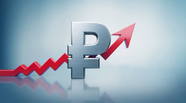 istock Russian Ruble Symbol with Red Arrow Moving Up on Defocused Background 1177313682