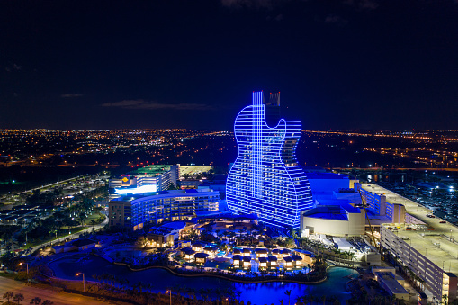 Hollywood, Fl, USA - September 25, 2019: Aerial photo of the Seminole Hard rock casino guitar shaped hotel