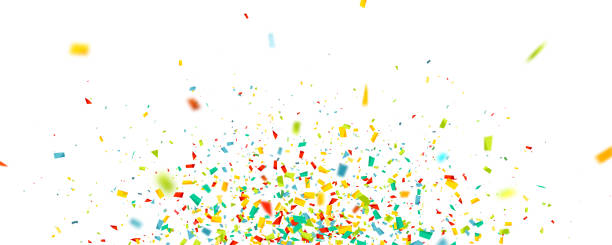 istock Celebration background with confetti. Holiday illustration with flying colorful particles of paper from cracker on white background 1177315084