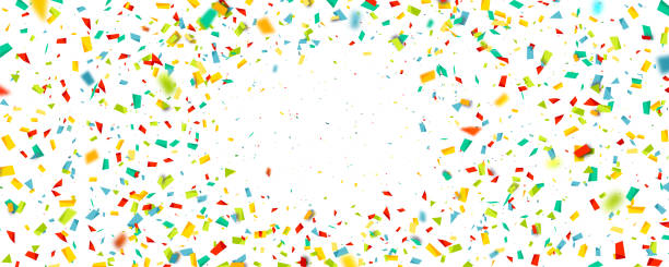 istock Celebration background with confetti. Holiday illustration with flying colorful particles of paper from cracker on white background 1177315088