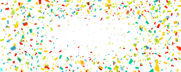 istock Celebration background with confetti. Holiday illustration with flying colorful particles of paper from cracker on white background 1177315112