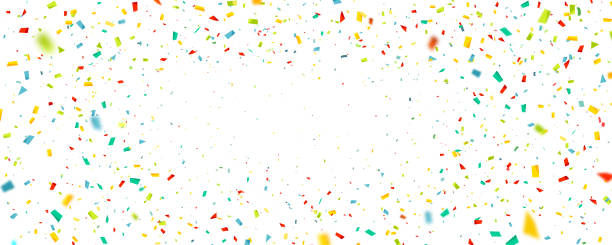 ilustrações de stock, clip art, desenhos animados e ícones de celebration background with confetti. holiday illustration with flying colorful particles of paper from cracker on white background - streamer celebration anniversary backgrounds