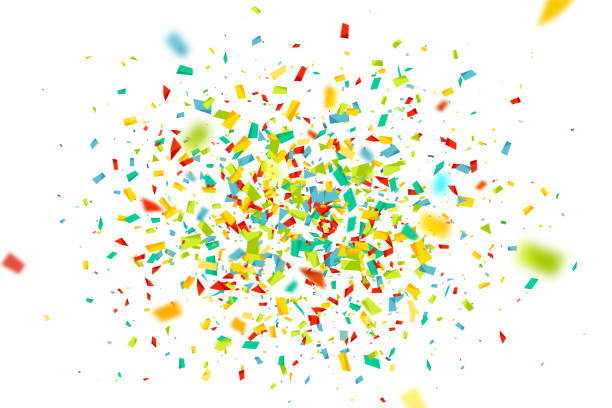 Celebration background with confetti. Holiday illustration with flying colorful particles of paper from cracker on white background Holiday background with colorful confetti on white background. Vector illustration can be used for greeting card, carnival, celebration streamers and confetti stock illustrations