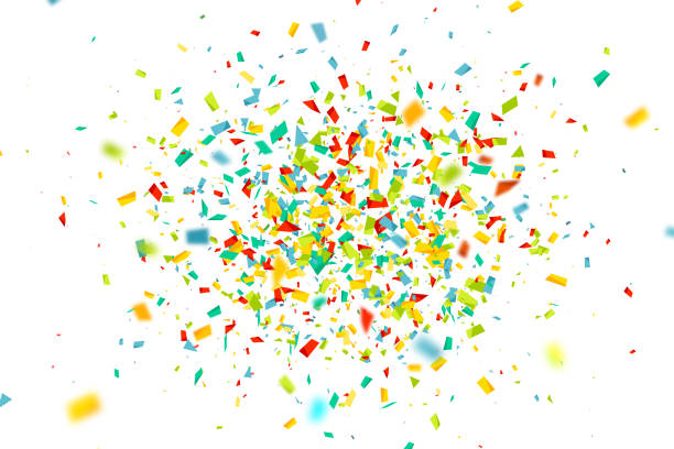 istock Celebration background with confetti. Holiday illustration with flying colorful particles of paper from cracker on white background 1177315130