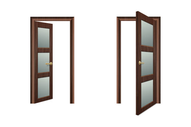 istock Vector Realistic Different Opened and Closed White Wooden Door Icon Set Closeup Isolated on Brown Background. Elements of Architecture. Design template of Classic Home Door for Graphics. Front View 1177315238