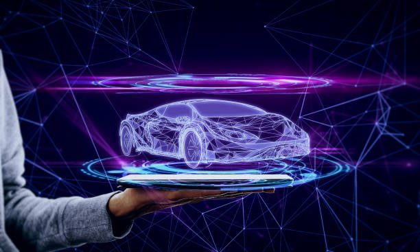 istock Hand with phone and car hologram 1177316921