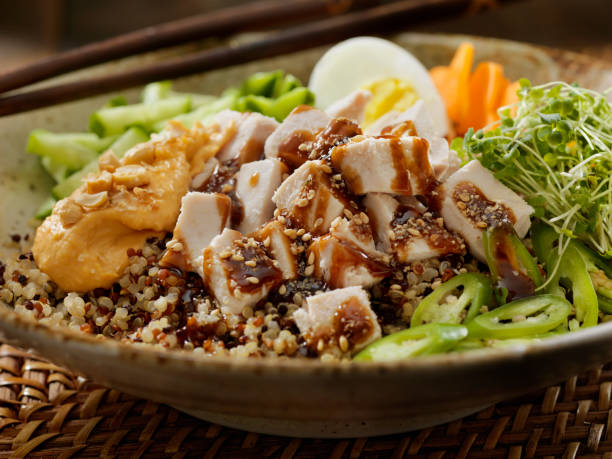Chicken Buddha Bowl with Hoisin Sauce Chicken Buddha Bowl with Hoisin Sauce hoisin sauce stock pictures, royalty-free photos & images