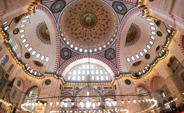 Ceiling view of Suleymaniye Mosque in Istanbul, Turkey