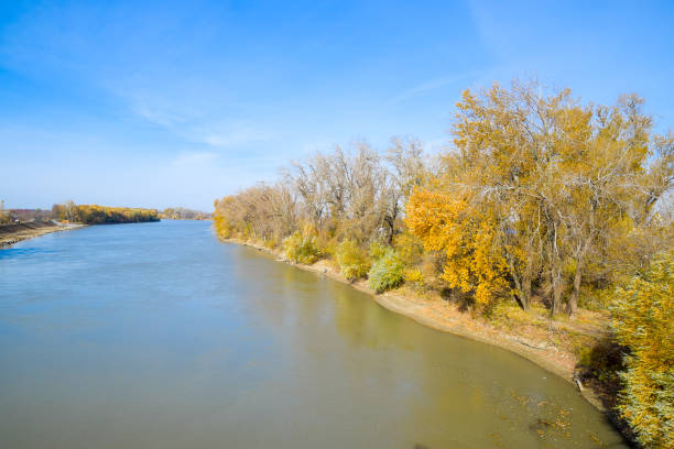 istock Autumn landscape. the river and the bridge type. Trees with yell 1177323442