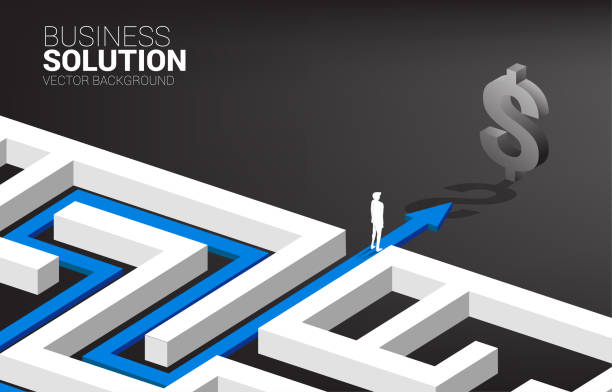 istock Silhouette of Businessman on route path to exit the maze to dollar icon. 1177328781