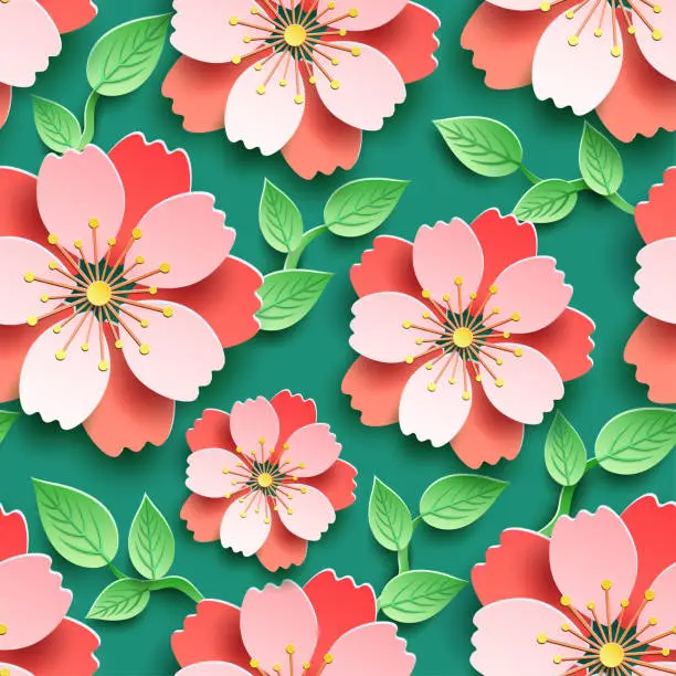 Vector illustration of Bright seamless pattern with 3d sakura blossom