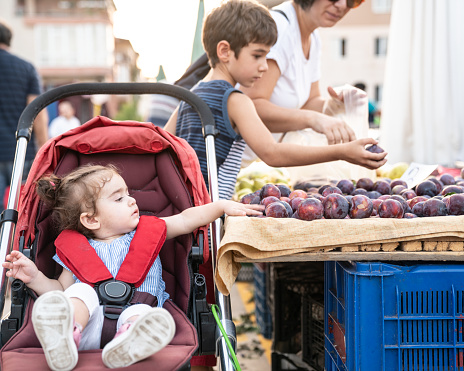 Mother shopping together with her 13 months old baby and 6 years old son in farmers' market. Baby girl is in stroller and trying to grab plums. Shot under daylight with a full frame mirrorless camera.