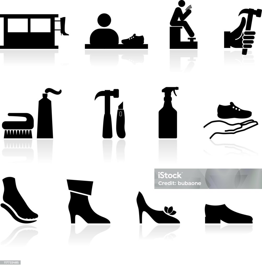 shoe repair preto e branco royalty free vector Conjunto de ícones - Vetor de Sapateiro royalty-free