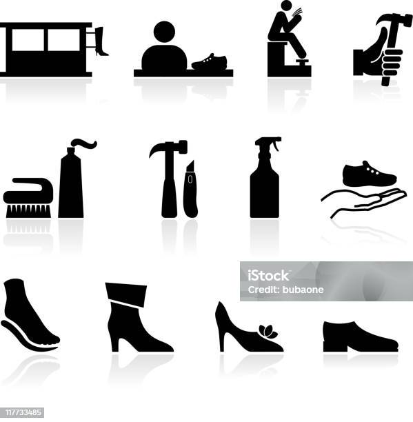 Vetores de Shoe Repair Preto E Branco Royalty Free Vector Conjunto De Ícones e mais imagens de Sapateiro