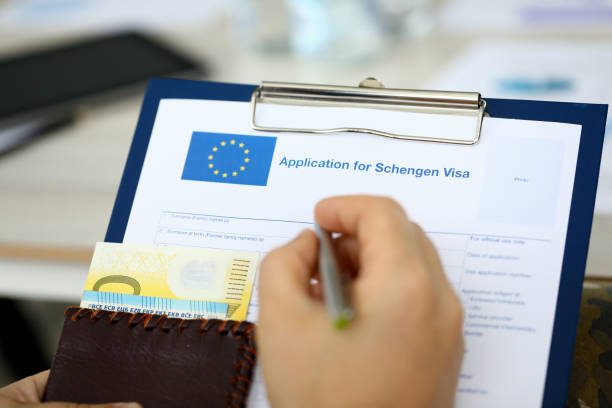 istock Male hand hold silver pen with passport 1177335045