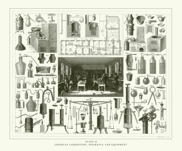 Engraved Antique, Chemical Laboratory, Apparatus, and Equipment Engraving Antique Illustration, Published 1851 Chemical Laboratory, Apparatus, and Equipment Engraving Antique Illustration, Published 1851. Source: Original edition from my own archives. Copyright has expired on this artwork. Digitally restored. flask funnel stock illustrations